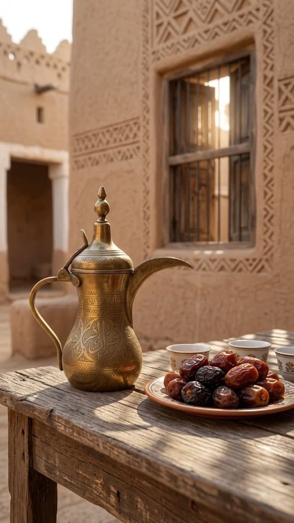 Brass dallah, dates and coffee cups in front of carved traditional architecture in Al Ain