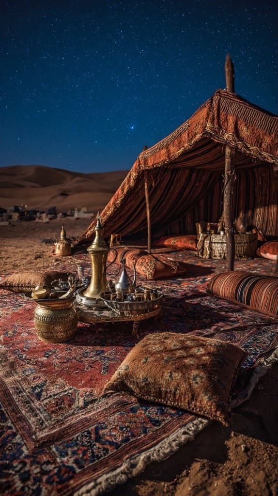 Bedouin tent, carpets and brass coffee set on sand dunes at night in Ras Al Khaimah