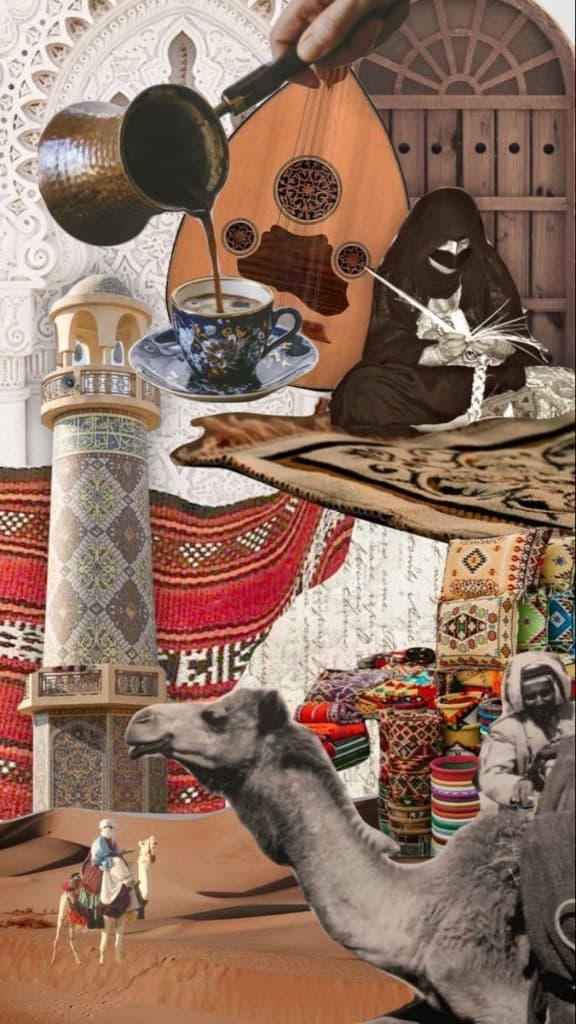 Heritage collage of dallah coffee, oud instrument, weaving, camel and desert textures used for an Abu Dhabi cultural event