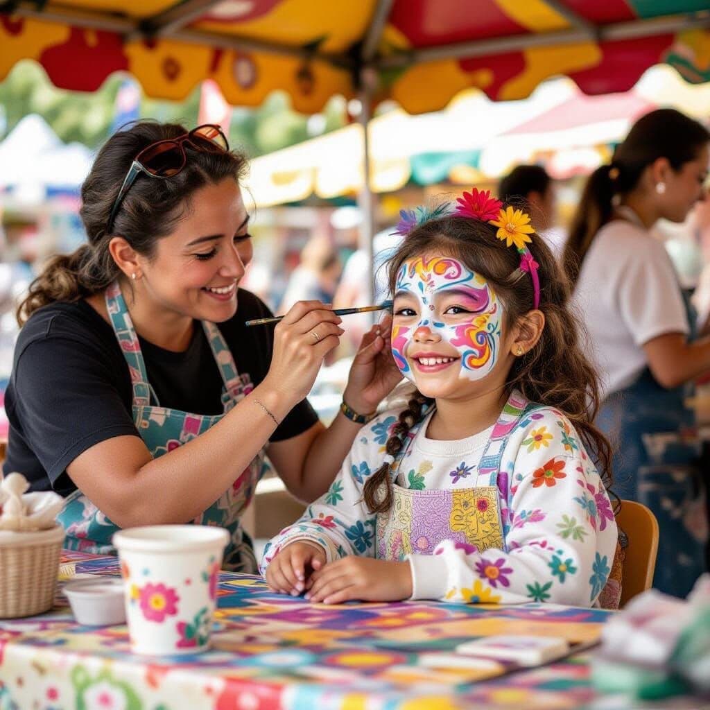 Smiling child having colourful face paint applied under a festival canopy in Sharjah
