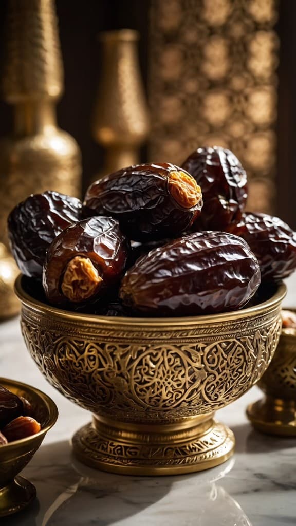 Stuffed dates presented in an engraved gold bowl at a Dubai event