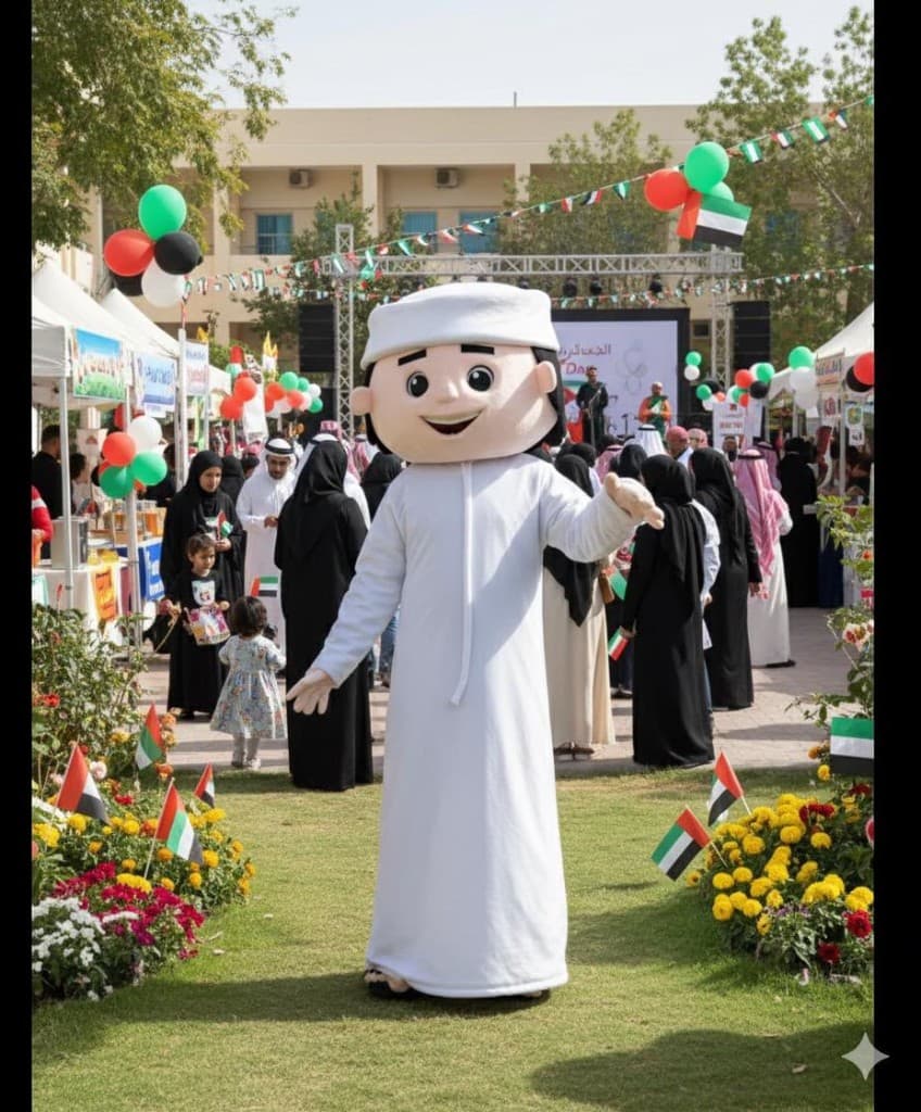 Boy mascot in kandura on a lawn with UAE flags, tents and a stage in Sharjah