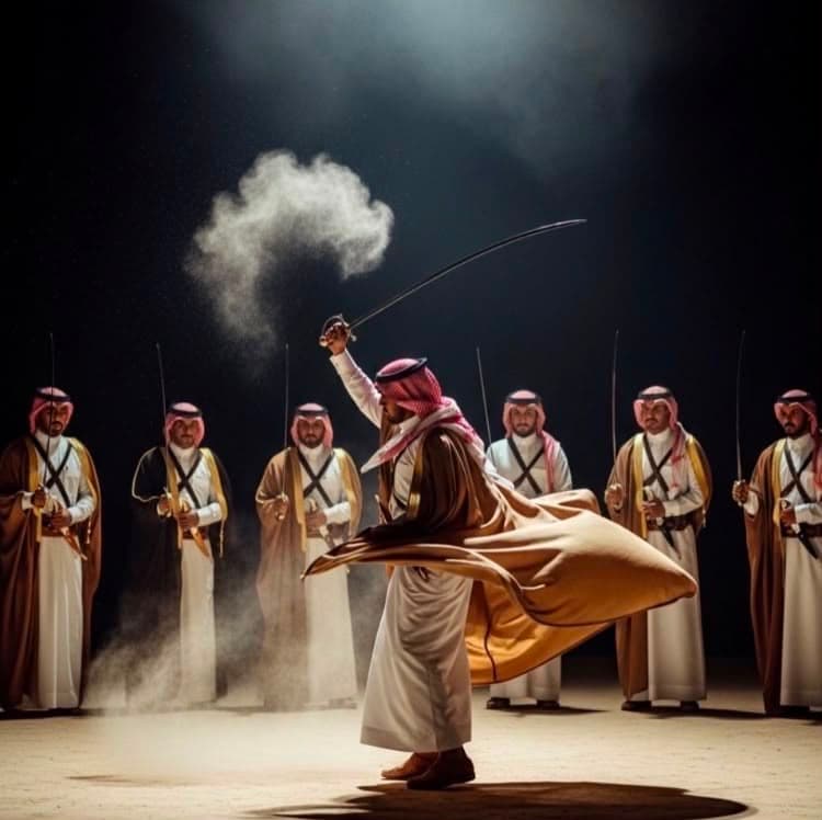Dancer in kandura and bisht spinning with a sword while a troupe watches in Al Ain